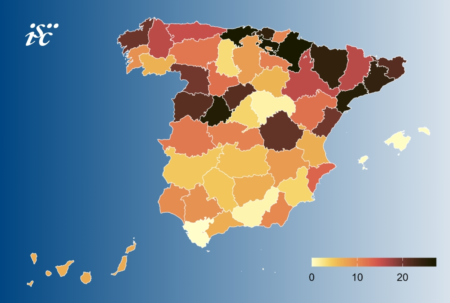 Tasa de mortalidad atribuible a calor por 100.000 habitantes en España, por provincias, en el periodo incluido en el Plan Calor (15 de mayo-30 de septiembre). Imagen: CNE-ISCIII.